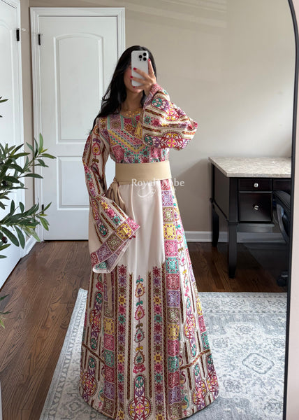 Cream/ Beige Colorful Maleka Full Embroidered Thobe