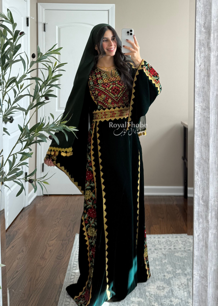 Velvet Olive Green Simple Floral Long Embroidered Thobe/Dress