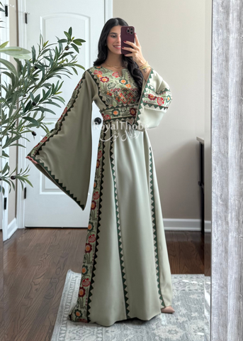 Sage/Olive Green Simple Floral Long Embroidered Thobe/Dress