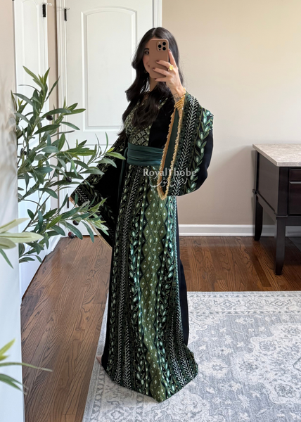 Black/ Olive Green Zaytona Branches Full Embroidered Thobe