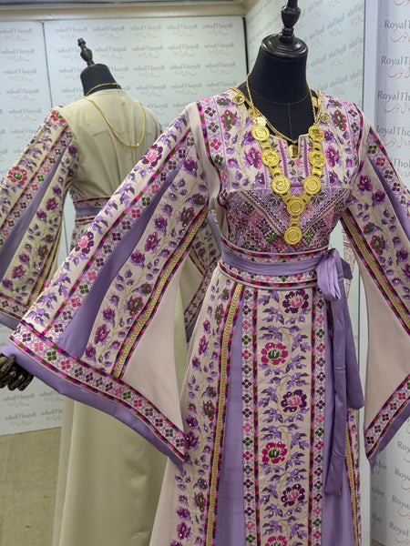 Beige / Lavender Floral Long Full Embroidered Thobe