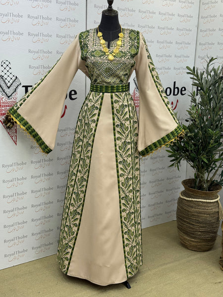 Beige & Olive Green Zaytona Long Full Embroidered Thobe