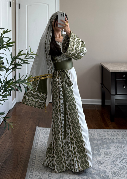 White/ Olive Green Zaytona Full Embroidered Thobe
