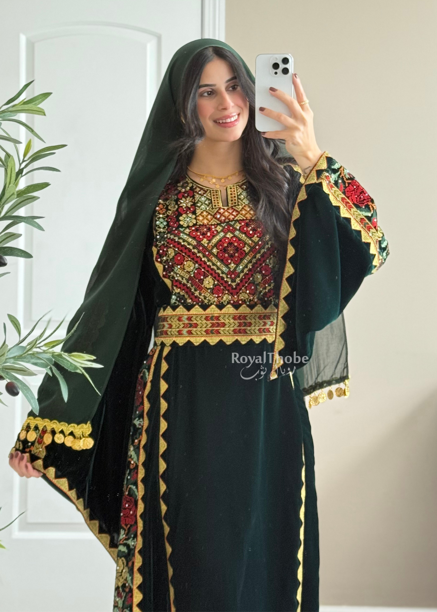 Velvet Olive Green Simple Floral Long Embroidered Thobe/Dress