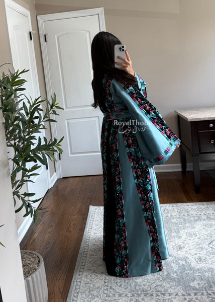 Black/Blue Floral&nbsp;Long Full Embroidered Thobe