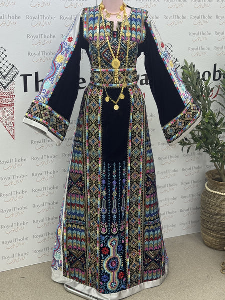 Velvet Navy Blue Maleka Long Full Embroidered Thobe