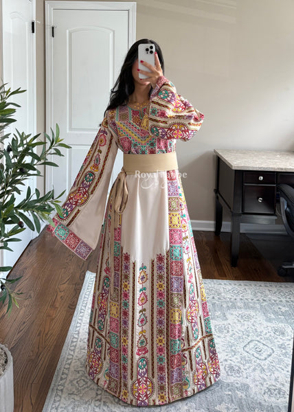 Cream/ Beige Colorful Maleka Full Embroidered Thobe
