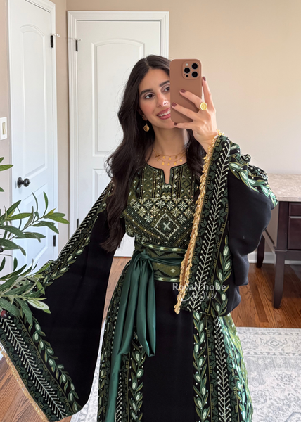 Black/ Olive Green Zaytona Branches Full Embroidered Thobe