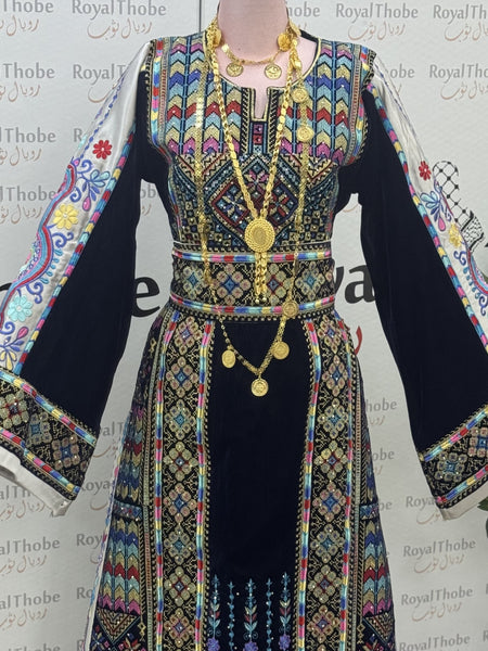 Velvet Navy Blue Maleka Long Full Embroidered Thobe