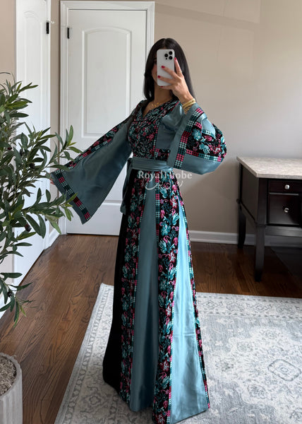 Black/Blue Floral&nbsp;Long Full Embroidered Thobe