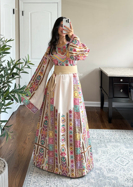 Cream/ Beige Colorful Maleka Full Embroidered Thobe