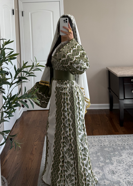 White/ Olive Green Zaytona Full Embroidered Thobe