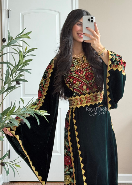 Velvet Olive Green Simple Floral Long Embroidered Thobe/Dress