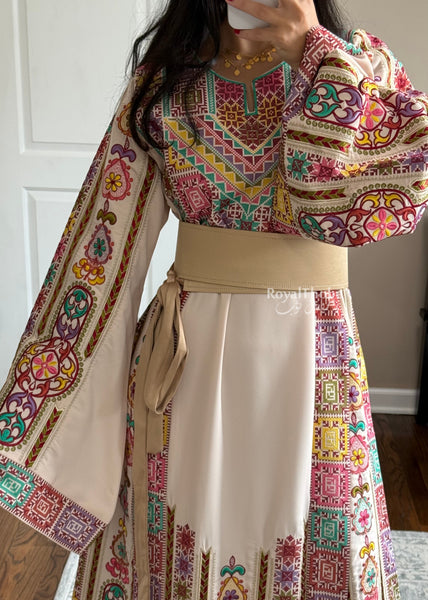 Cream/ Beige Colorful Maleka Full Embroidered Thobe