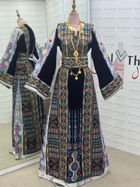 Velvet Navy Blue Maleka Long Full Embroidered Thobe