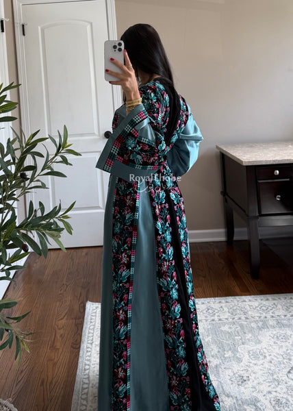 Black/Blue Floral&nbsp;Long Full Embroidered Thobe