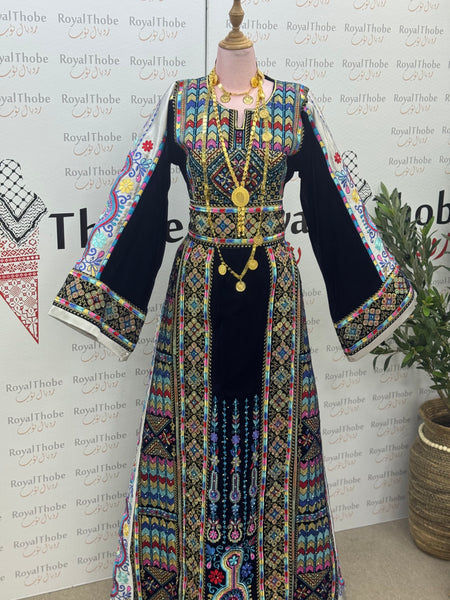 Velvet Navy Blue Maleka Long Full Embroidered Thobe