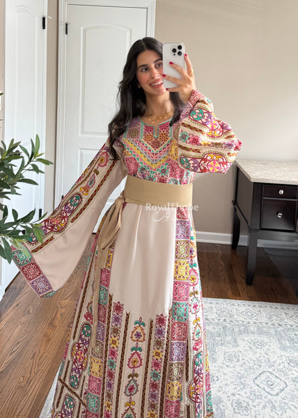 Cream/ Beige Colorful Maleka Full Embroidered Thobe