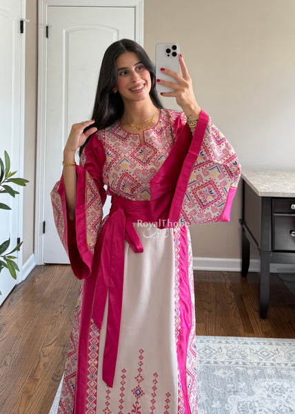 Beige/Pink Diamond Long Full Embroidered Thobe