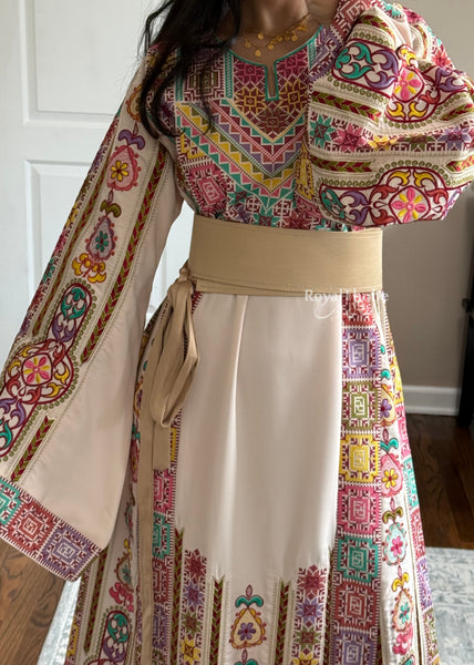 Cream/ Beige Colorful Maleka Full Embroidered Thobe