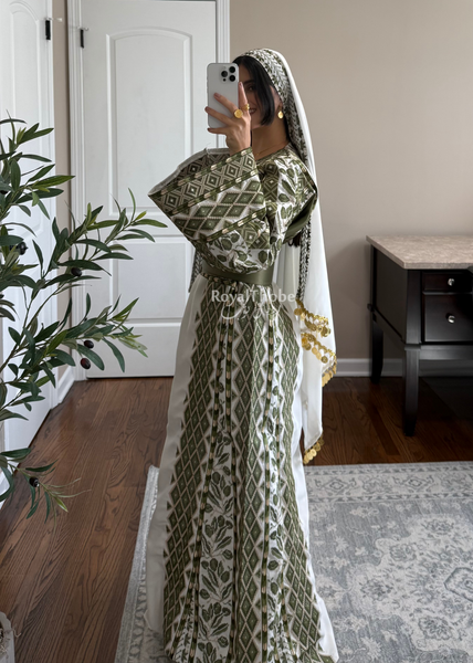 White/ Olive Green Zaytona Full Embroidered Thobe
