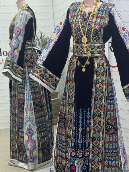 Velvet Navy Blue Maleka Long Full Embroidered Thobe