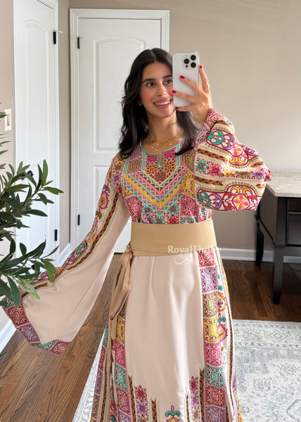 Cream/ Beige Colorful Maleka Full Embroidered Thobe