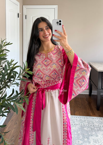 Beige/Pink Diamond Long Full Embroidered Thobe