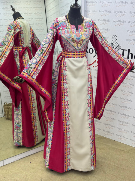 Pink & Cream Beige Satin  Floral Full Embroidered Thobe