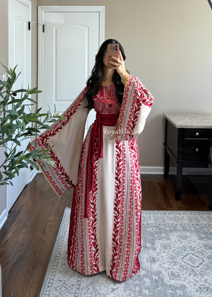 Beige/ Burgundy Zaytona Branches Full Embroidered Thobe