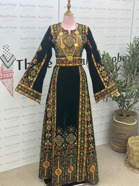 Velvet Olive Green Maleka Long Full Embroidered Thobe