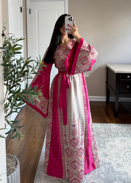 Beige/Pink Diamond Long Full Embroidered Thobe