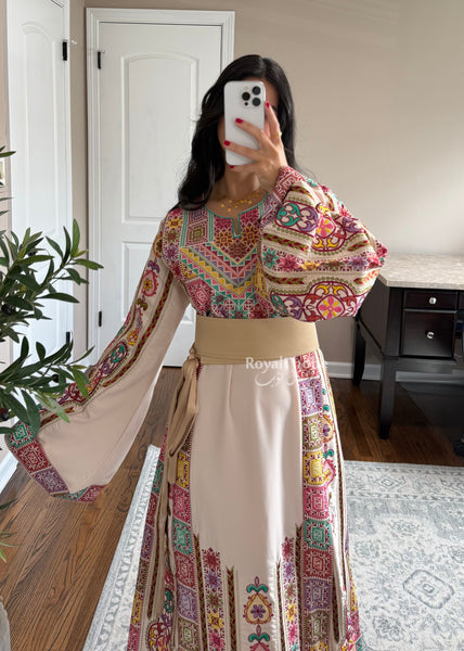 Cream/ Beige Colorful Maleka Full Embroidered Thobe