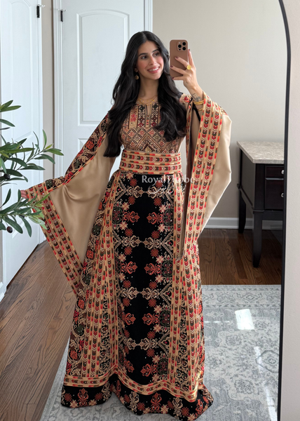 Black/ Brown Zohor And Manajel Full Embroidered Thobe