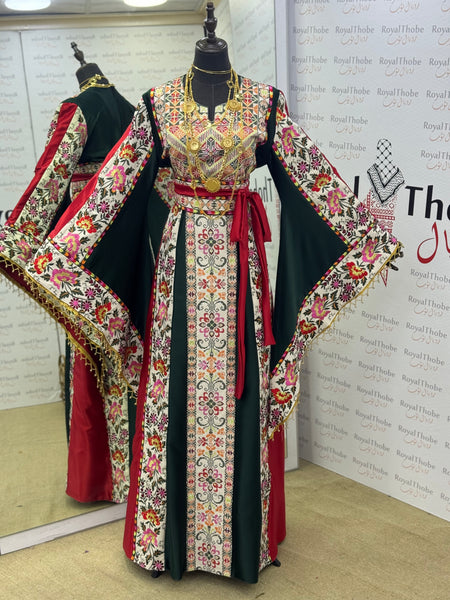 Olive Green & Cream Beige Satin Floral Full Embroidered Thobe with Gold Beaded Fringe Sleeves