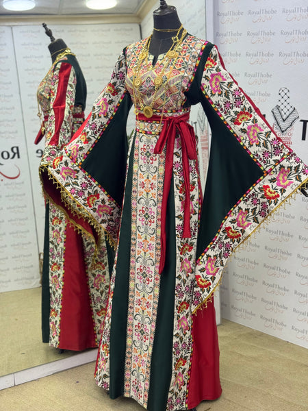 Olive Green & Cream Beige Satin Floral Full Embroidered Thobe with Gold Beaded Fringe Sleeves
