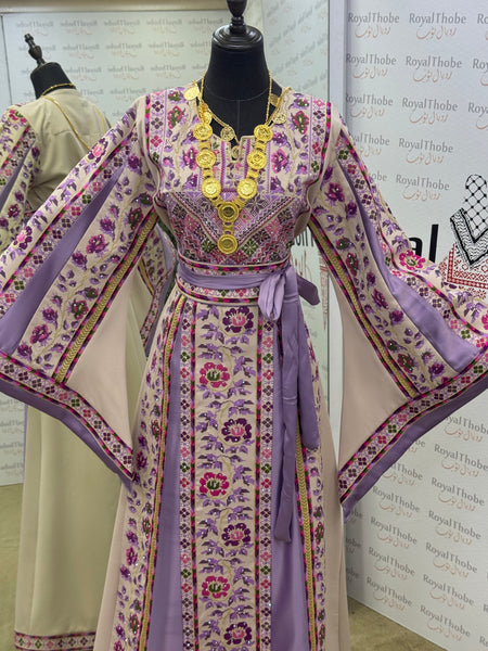 Beige / Lavender Floral Long Full Embroidered Thobe