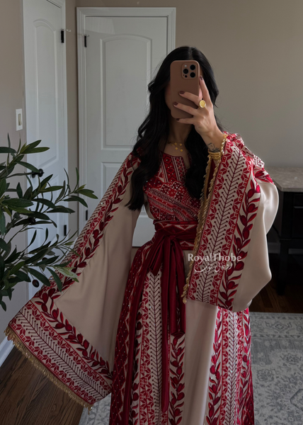 Beige/ Burgundy Zaytona Branches Full Embroidered Thobe
