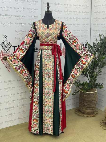 Olive Green & Cream Beige Satin Floral Full Embroidered Thobe with Gold Beaded Fringe Sleeves