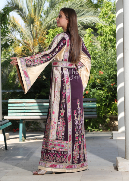 Purple/Beige Malak Long Full Embroidered Thobe With Reversible Beige Satin Belt