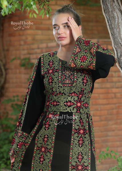 Black/Olive Green Simple 6 Lines Flower Full Embroidered Thobe