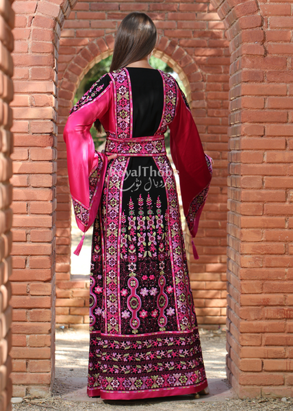 Black/Pink Flower Malak Long Full Embroidered Thobe With Reversible Pink Satin Belt