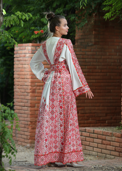 White/Red A Cut Long Full Embroidered Thobe