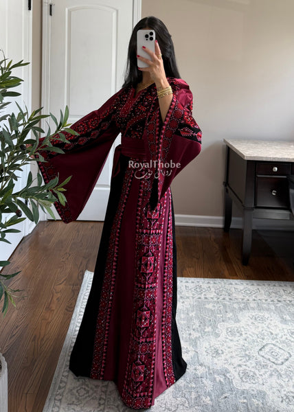 Black/Burgundy Long Full Embroidered Thobe