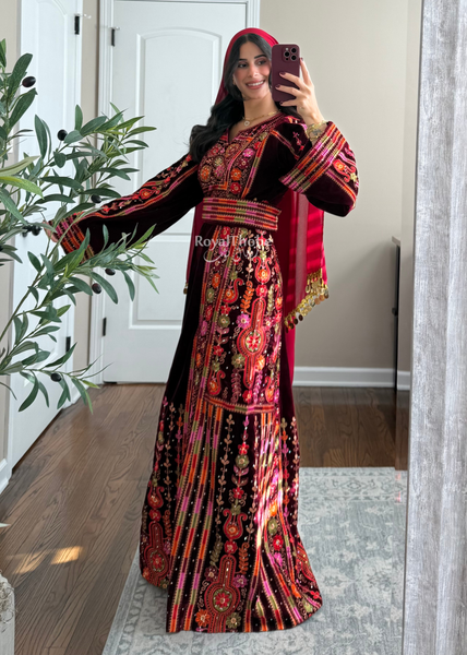 Velvet Burgundy Maleka Floral Long Fully Embroidered Thobe