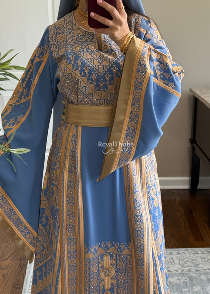 Blue /Gold Flower Malekah Full Embroidered Thobe