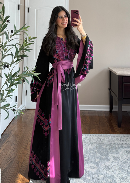 Black/Purple Light Simple Long Full Embroidered Thobe + Gold Coins Shaleh Included