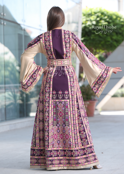 Purple/Beige Long Full Embroidered Thobe With Reversible Beige Satin Belt