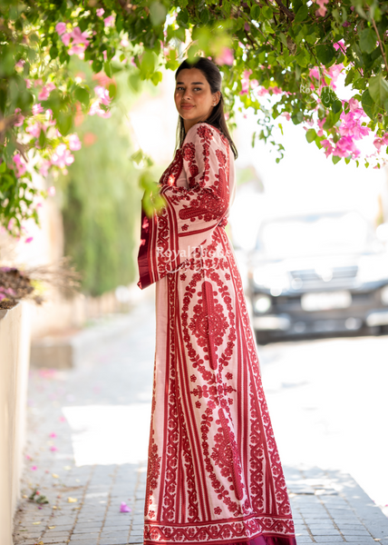 Pink Floral Maleka Long Full Embroidered Thobe.