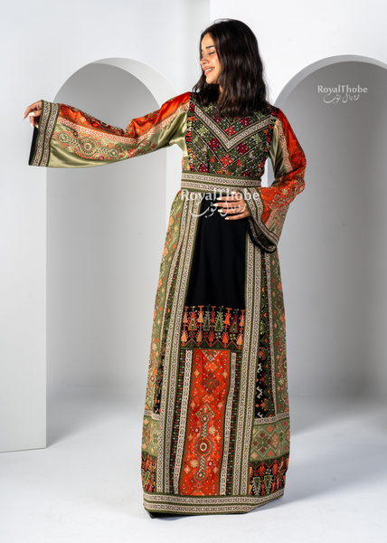 Black Orange & Olive Green Maleka Long Full Embroidered Thobe
